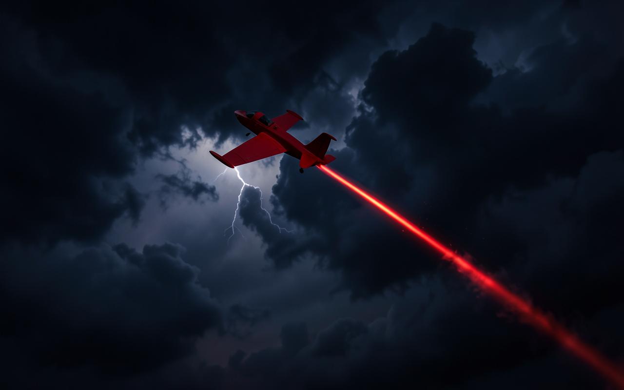 Avião vermelho subindo pelas nuvens com rastro de luz